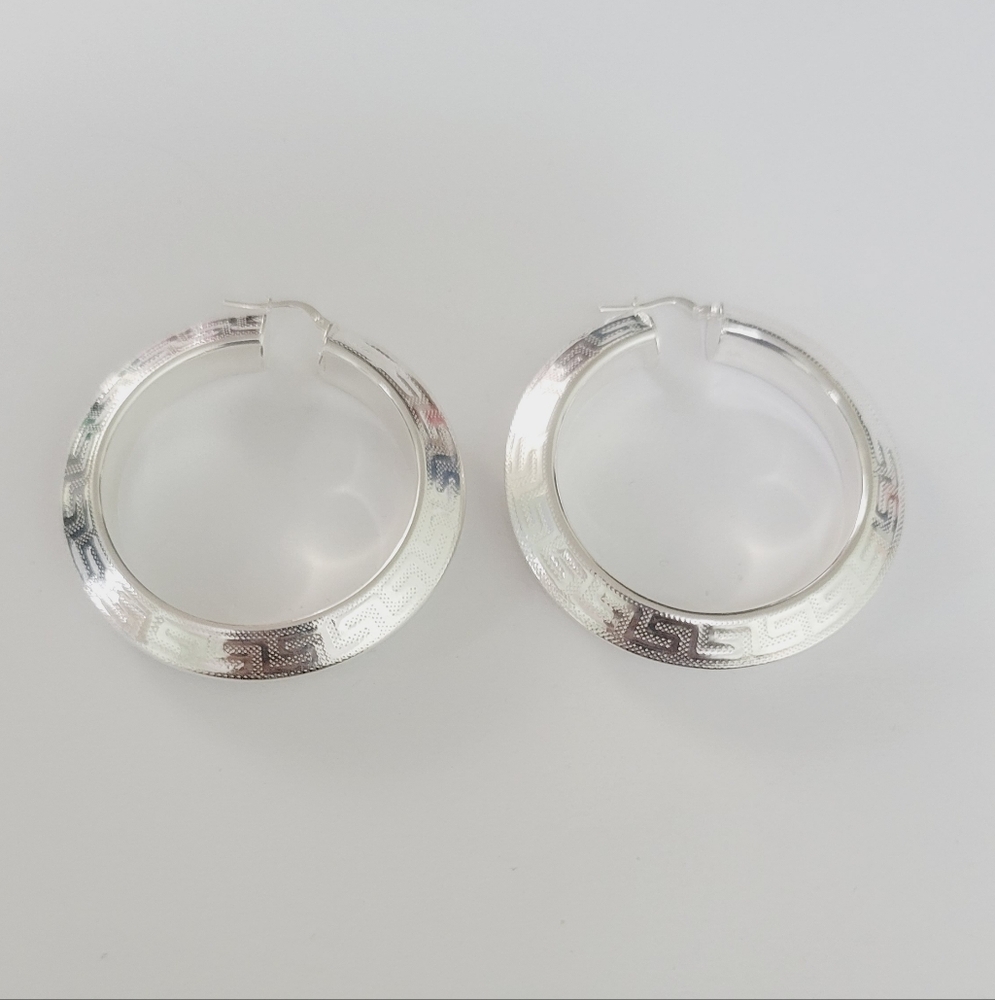 6mm Thick Sterling Silver Knife Edge Greek Key Hoop Earrings for Women Round...